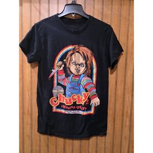 Chucky Wanna Play T-Shirt Women‎ Sz S Black Short Sleeve Horror Movie Tee
